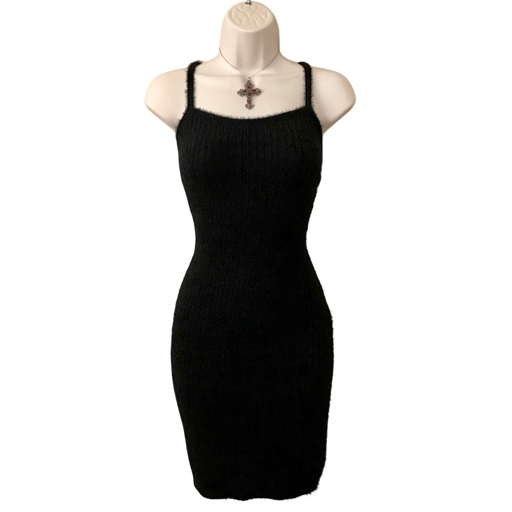 NWT 90s Y2K Style Sexy Black Goth Grunge Fuzzy Knit Bodycon Mini Dress Size XL